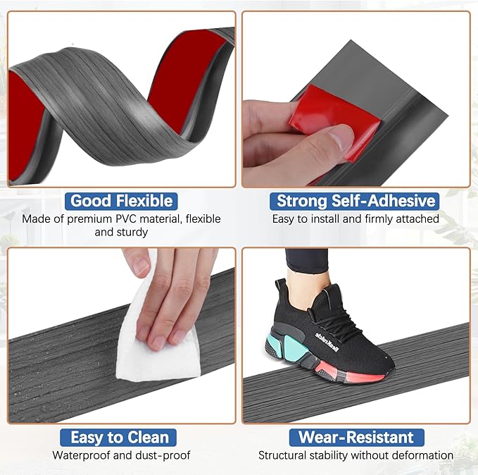 Vinyl Door Threshold Flooring Transition Strip Self Adhesive Carpet Edging Strip for Laminate Doorway Edge Threshold from 2/5" to 3/5" (Dark Gray Wood Grain, 10 Ft)