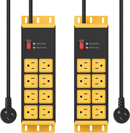 HHSOET 2 Pack Heavy Duty Power Strip 8 Outlets, Metal Wall Mount Outlet Strip 4800J Surge Protector, Garage Shop Under Desk Mountable 6FT Extension Cord Plug, ETL Listed