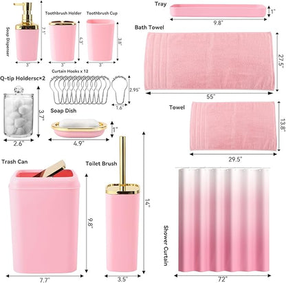 Pink Bathroom Accessories, 24 Pieces Pink and Gold Bathroom Accessories Set with Shower Curtain, Bath Towels, Trash Can, Soap Dispenser and Soap Dish for Bathroom/Housewarming