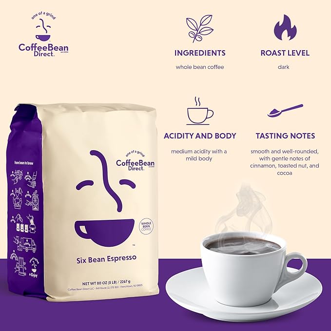 Coffee Bean Direct Six Bean Espresso, Whole Bean Coffee, Dark Roast, 5 Pound Bag (Pack of 1)