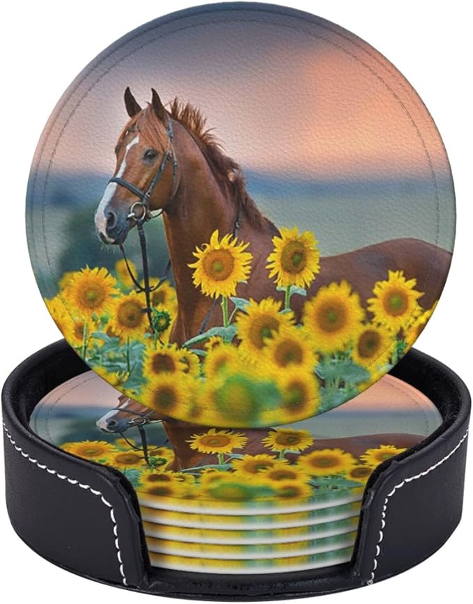 6 Pcs Horse Sunflowers Leather Coasters