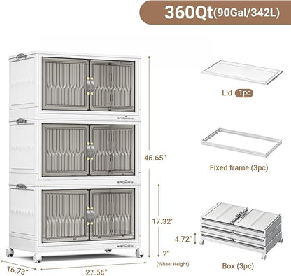 BROVIEW 360Qt Stackable Storage Bins with Lid, Extra Large Closet Organizer Collapsible Drawer Boxes with Wheels, Folding Plastic Cabinet Containers for Home Kitchen Room Organization, 3Pack White