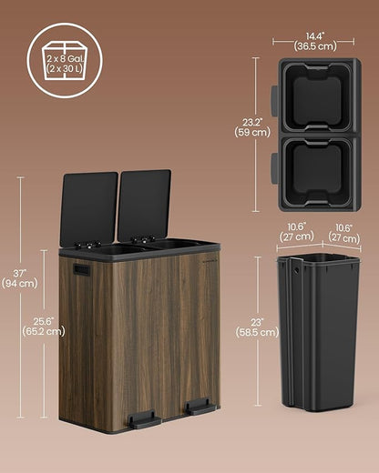 SONGMICS Trash Can, 2 x 8-Gallon Garbage Can for Kitchen, with 15 Trash Bags, 2 Compartments, Plastic Inner Buckets and Hinged Lids, Airtight, Dark Walnut ULTB060N02V1