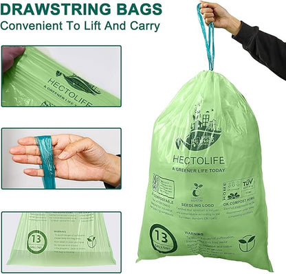 13 Gallon,50 Count, Compostable Trash Bags with Drawstring,Tear Resistant Kitchen Food Scrap Waste Bag, ASTM D6400, US BPI and Europe OK Compost Home Certified