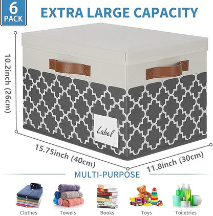 GhvyenntteS Extra Large Storage Bins with Lids, Foldable Fabric Storage Boxes with Lids and 3 Leather Handles, Storage Baskets with Label Window (6 Pack, Grey&Black, 15.75x11.8x10.2)