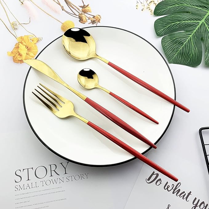 JASHII Flatware Serving Set 24 Piece, Stainless Steel Silverware Set, Red Gold Cutlery Set, Modern Elegant Tableware Set for Party, Christmas, Dinner (Red Gold)