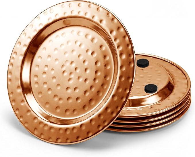 Hammered Stainless Steel Coasters Set of 4 – Anti-Slip Base, Durable & Reusable