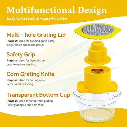 Corn Cob Stripper and Peeler Tool with Bowl, Multifunction Quick Corn Kernel Cutter Set with Grinder, Fast Kernel Peeler for Corn on The Cob, Non-Slip Base for Kitchen