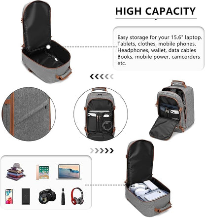 Kono Carry on Backpack, 16" Airplane Approved Under Seat Travel Backpack for Men and Women, Waterproof Lightweight Daypack for Flight 20L (Grey/Brown, Small)