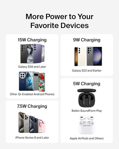 Belkin Wireless Charging Pad 15W - Qi Charger, Charging Station for Apple iPhone 17, iPhone 16/15/14 Series, AirPods, Samsung Galaxy S25, Galaxy S24, Pixel 10 - Power Supply and Cable Included - White