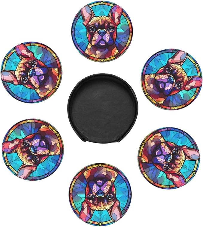 French Bulldog Stained Dog Breed Glass Art Leather Drinks Coasters