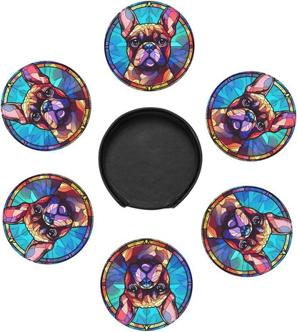 French Bulldog Stained Dog Breed Glass Art Leather Drinks Coasters