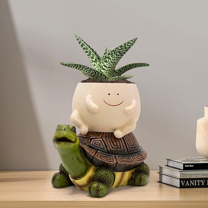 Smily Face Succulent Planter Pot, Funny Turtle Self-Watering Planter Pots, Lawn Decor Tortoise Statue for Patio, Balcony, Yard Ornament with Drainage Hole, Unique Housewarming Gifts