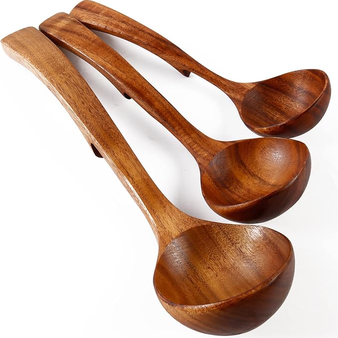 Wooden Spoons for Cooking, 3Pcs Wooden Ladle for Soup, Non-Stick Wooden Spoon, Natural Teak Wood Cooking Spoons, Kitchen Utensils set
