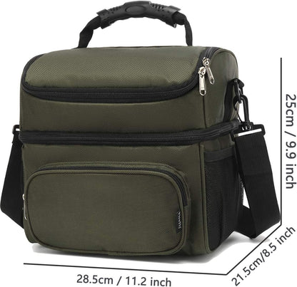 FlowFly Double Layer Cooler Insulated Lunch Bag Adult Lunch Box Large Tote Bag for Men, Women, With Adjustable Strap,Front Pocket and Dual Large Mesh Side Pockets