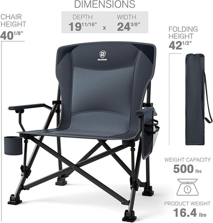 EVER ADVANCED Oversized Folding Camping Chair, for Adults Heavy Duty Lawn Chair with Side Pockets, Portable Collapsible Quad Chair for Outside, Support Up to 500lbs, Grey