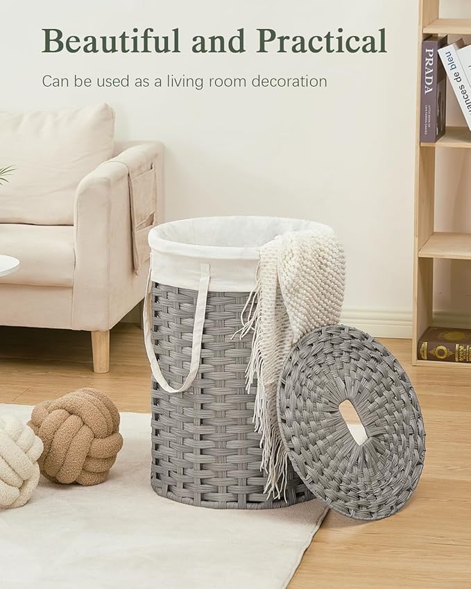 Laundry Hamper with Lid Laundry Basket with Lid 19.0 Gal (72 L) Round Laundry Basket Handwoven Rattan Basket with Lid Removable Bag 2 Mesh Bags Handles for Living Room Bathroom Gray