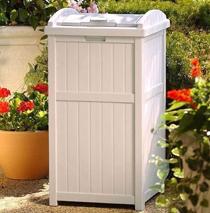 Suncast 4 Pack 15.75" x 16" x 31.6" Trash Hideaway 33 Gallon Resin Outdoor Commercial Garbage Container with Lid for Backyard, Deck, or Patio in Taupe