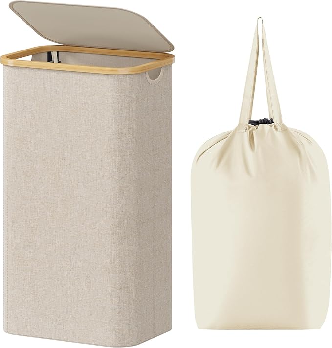Lifewit 100L Laundry Basket with Lid, Clothes Hampers for Laundry with Bamboo Handles and A Removable Bag, Large Foldable Laundry Hamper for Bedroom, Bathroom, Dorm, Laundry Room, Beige