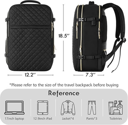 MOMUVO Large Travel Backpack Women, Flight Approved Carry On Backpack, Water Resistant Anti-Theft Casual Daypack School Bag Fit 17 Inch Laptop with USB Charging Port, Black