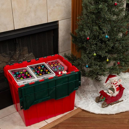 Akro-Mils KeepBox 18 Gallon Storage Container, Nesting and Stackable Plastic Storage Box with Lid Attached, Clear Tote for Garages, Closets, and Moving, 21" x 15" x 17", Red/Green