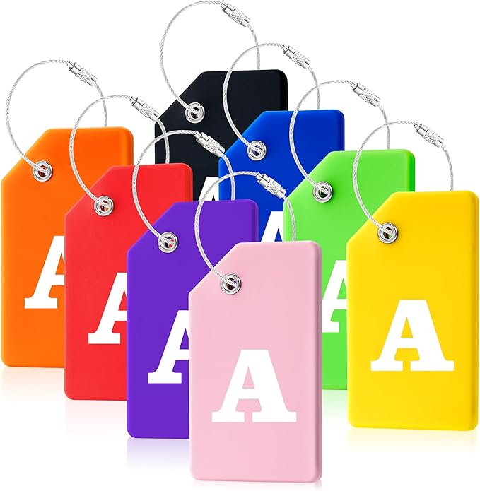 8 Pcs Luggage Tags for Suitcases, 26 Initial Letter Travel Luggage Baggage Identification Labels ID Tags Fully Bendable Tags with Stainless Steel Loop (Letter A, Colorful)