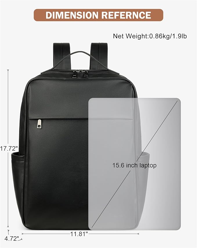 MASINTOR 15.6 inch PU Leather Laptop Backpack Purse for Women, Large College Casual Backpack Travel Bag Black