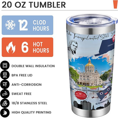 20oz Insulated Tumbler Connecticut State Coffee Mug, United States Map Travel Mug Landmark, Birthday Gifts Cute Custom Tumbler Cups with Lid and Straw Mothers Day Gifts