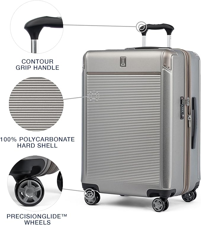 Travelpro Platinum Elite Hardside Expandable Checked Luggage, 8 Wheel Spinner, TSA Lock, Hard Shell Polycarbonate Suitcase, Metallic Sand, Checked Medium 25-Inch