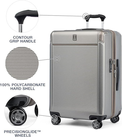 Travelpro Platinum Elite Hardside Expandable Checked Luggage, 8 Wheel Spinner, TSA Lock, Hard Shell Polycarbonate Suitcase, Metallic Sand, Checked Medium 25-Inch
