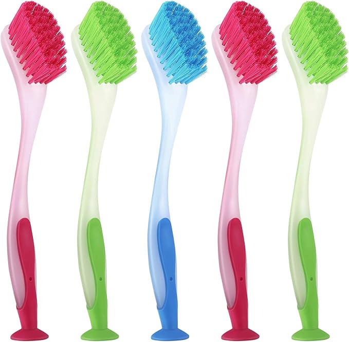 5 Pieces Long Dish Brush with Handle Assorted Color Dishwashing Brush with Suction Cup Multipurpose Scrub Cleaning Tool for Kitchen, Toilet, Etc.