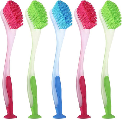 5 Pieces Long Dish Brush with Handle Assorted Color Dishwashing Brush with Suction Cup Multipurpose Scrub Cleaning Tool for Kitchen, Toilet, Etc.