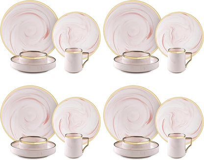 20 Piece Plates and Bowls Sets, Fine China Artisan Marbled Dinner Set for 4, Dishwahser Safe, Scratch Resistant, Pink with Gold Line