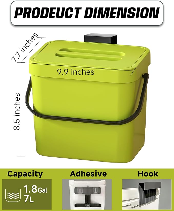 Countertop Compost Bin Kitchen, 1.8 Gallons Hanging Trash Can with Lid for Kitchen Cabinet Door, Under Sink, Wall Mounted Waste Bin for Bathroom, 7L(Lime Green)