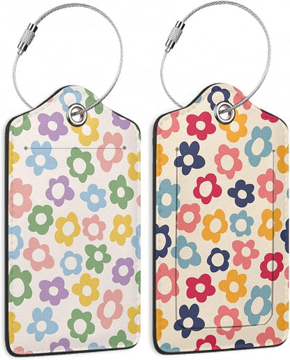 2 Pack Luggage Tag for Suitcase, Vintage Groovy Flower Leather Bag Tags Identifiers Privacy Cover ID Label with Durable Steel Loop for Women Men Kids Girls Travel