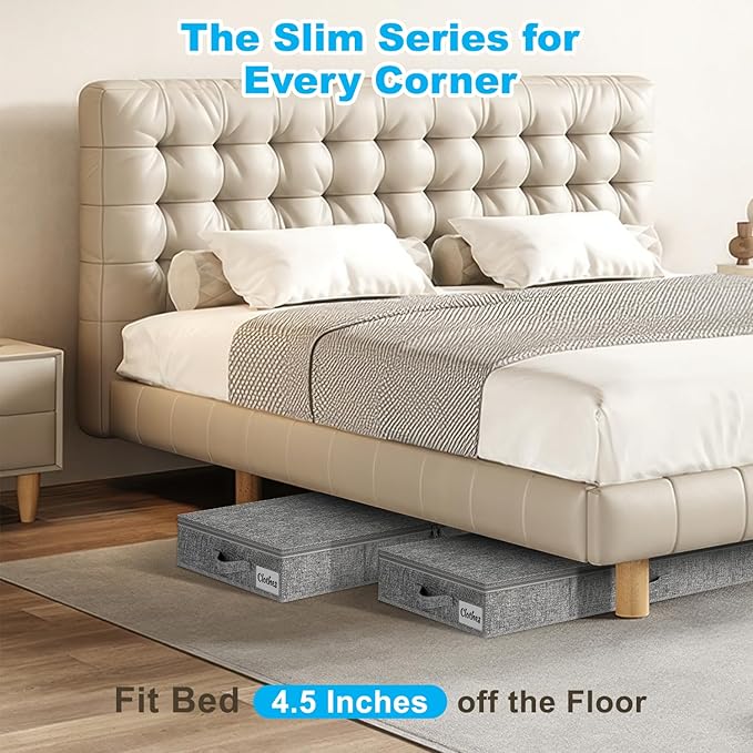 Under Bed Storage Container Bins 2 Pack, 4.5 Inch Slim Low Profile Underbed Clothes Storage Organizer for Dorm & Home, Use for Blanket and Toy Storage Box W/ Sturdy Bottom/Sides, Foldable Thick Fabric