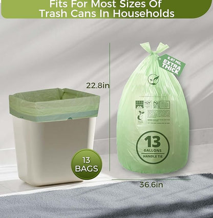 13 Gallon Compostable Trash Bags with Handle-Tie, Thick 0.87 Mil, 49.21 Liter, 30 Bags, Tall Kitchen Food Scrap Waste Bag, ASTM D6400, US BPI and OK Compost Home Certified
