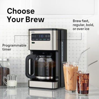 Braun PureFlavor 14‑Cup Programmable Coffee Maker – Fast Brew Speed, Touch Display, Bold & Brew‑Over‑Ice Modes, FlavorCarafe & Adjustable Warm Plate