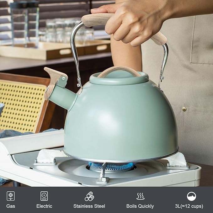 3.2 Quart Whistling Tea Kettle for Stove Top Stainless Steel Tea Pots With Wood Pattern Anti-slip Handle, Green…