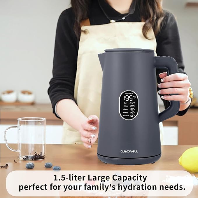 1.5L Electric Kettle Stainless Steel, Double Wall Cool Touch Teapot, Fast Boil,5 Temperature Control, LED Display, Auto Shut-Off, BPA-Free,Keep Warm Function, Ideal for Tea & Coffee,Gray