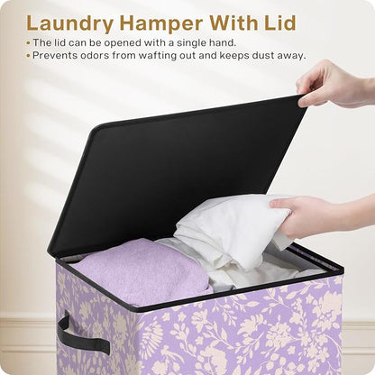 SOLEDI Laundry Hamper with Lid, 90L Tall & Large Floral Laundry Basket, Collapsible Clothes Hamper with Removable Bag, Dirty Hampers for Bedroom, Bathroom, Laundry Room