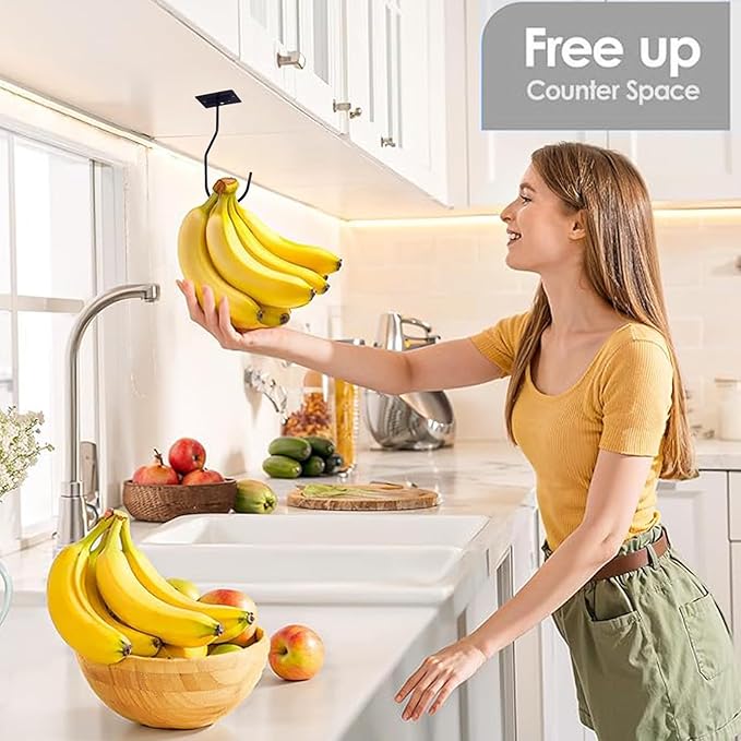 Self-Adhesive Banana Hook, Grape Hook, Kitchen Banana Hanger, Keep Bananas Fresh Under The Cabinet, with Magnetic Absorption Storage Perfect Design 3 Pieces Black