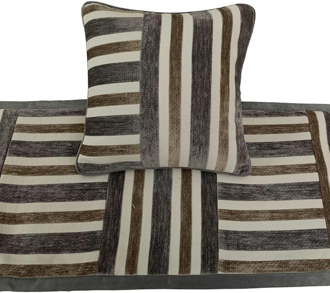 The HomeCentric King/Queen/Twin Beige & Grey Designer King 90"x18" Bed Runner with 2 Pillow Cover, Patchwork Bed Scarf on Velvet Fabric - Striation