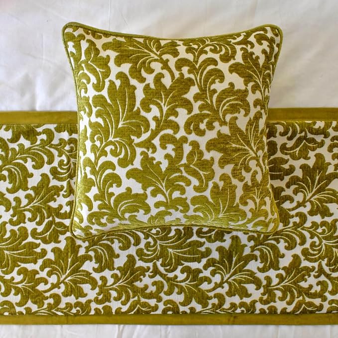 The HomeCentric King/Queen/Twin Chartreuse Designer Twin 53"x18" Bed Runner with Pillow Cover, Velvet, Floral Pattern Bed Scarf on Velvet Fabric - Enchanted Chartreuse