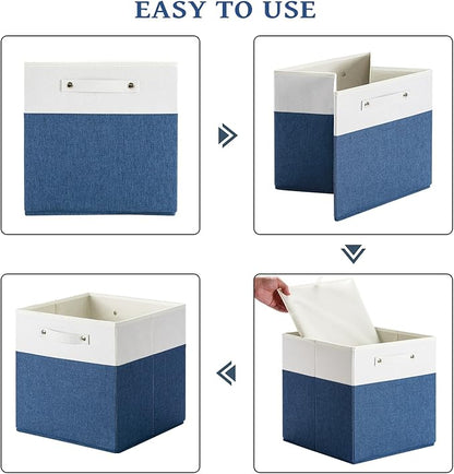 13 x 13 Inch Fine Linen Storage Bins with Handles，Fabric Cube Boxs，Collapsible Basket Organizers for Shelves for Home, Closet Drawers (White/Blue-6 Pack)