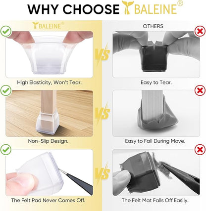 BALEINE 24 Pack Silicone Chair Leg Floor Protectors, Stool Leg Protectors Cap, Non-Slip Chair Leg Caps for Hardwood Floors (Clear & Large (Square), 24 Pack)