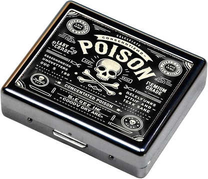 Cute and Portable Metal Pill Organizer – 8 Compartments, Elegant Chrome Finish, Ideal for Travel and Daily Use (Poison Label Retro)