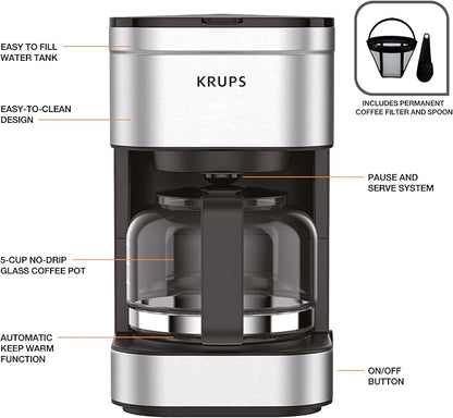 KRUPS Simply Brew Compact 5 Cup Coffee Maker: Stainless Steel Design, Pause & Brew, Keep Warm, Reusable Filter, Drip-Free Carafe (Pack of 4)