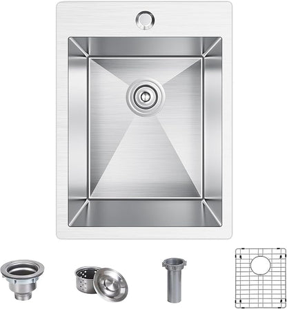 15x20 inch Drop in Bar Sink, 15 inch Small Kitchen Sink 18 Gauge Single Bowl Stainless Steel Topmount Bar Sink with Basket Strainer Drain & Bottom Grid