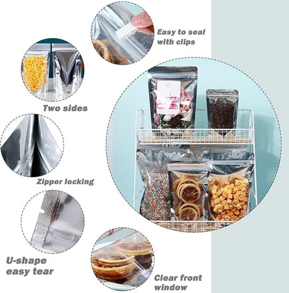 150-pack 5.9” x 8.7” Stand Up Mylar Bags with Clear Window Resealable Silver Aluminum Foil Pouches for Food Storage Smell Proof Edible Packaging Bag for Jewelry and Small Business, Bulk
